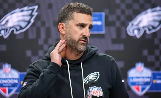 Philadelphia Eagles head coach Nick Sirianni attends a press conference after an NFL football game against Jacksonville Jaguars in London, Sunday, Oct. 11, 2026. (AP Photo/Alastair Grant)