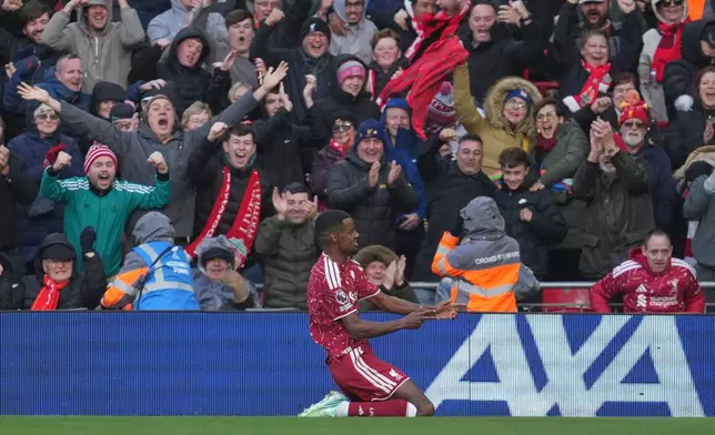 Liverpool's Alexander Isak celebrates after scoring his side's second goal during the English Premier League soccer match between Liverpool and Brighton and Hove Albion in Liverpool, England, Sunday, Oct. 25, 2026. (AP Photo/Jon Super)
