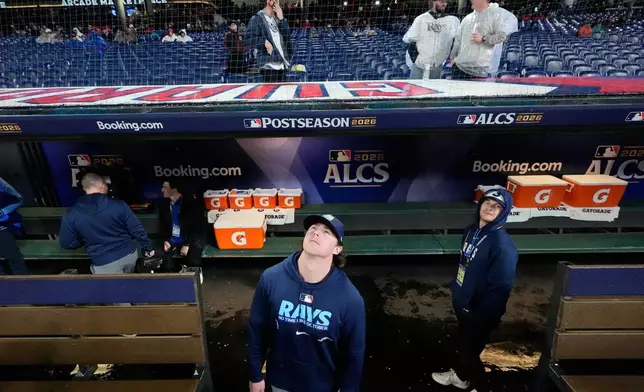 Tampa Bay Rays pitcher Slade Cecconi watches as Game 4 of an American League Championship Series baseball game postpone due to weather in Cleveland, Friday, Oct. 16, 2026. (AP Photo/David J. Phillip)