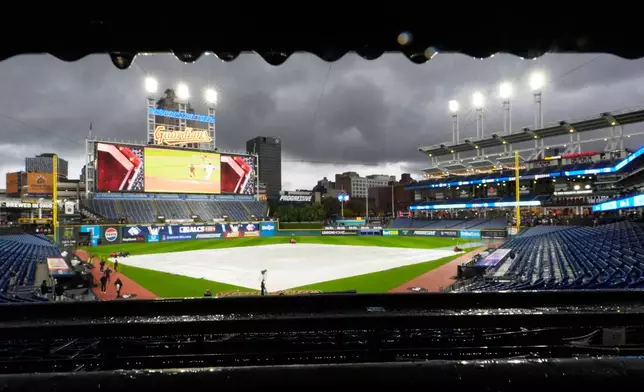 The field is covered before Game 4 of an American League Championship Series baseball game between the Cleveland Guardians and the Tampa Bay Rays in Cleveland, Friday, Oct. 16, 2026. (AP Photo/David J. Phillip)