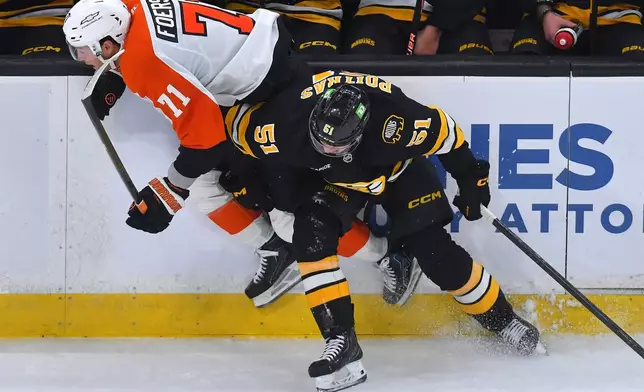 Philadelphia Flyers right wing Tyson Foerster (71) is checked into the boards by Boston Bruins center Matthew Poitras (51) during the first period of an NHL hockey game Saturday, Oct. 10, 2026, in Boston. (AP Photo/Steven Senne)