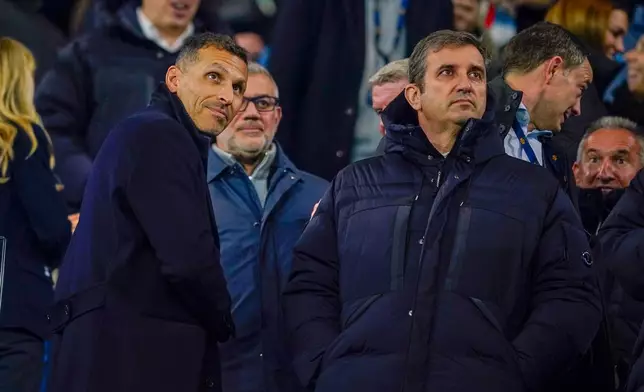 Manchester City chairman Khaldoon Al Mubarak, left, and chief executive Ferran Soriano arrive to watch the Champions League opening phase soccer match between Manchester City and Feyenoord at the Etihad Stadium in Manchester, England, Tuesday, Nov. 26, 2024. (AP Photo/Dave Thompson)