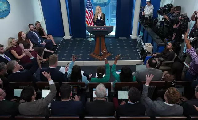 White House press secretary Katie Zacharia speaks with reporters in the James Brady Press Briefing Room at the White House, Tuesday, Oct. 13, 2026, in Washington. (AP Photo/Julia Demaree Nikhinson)