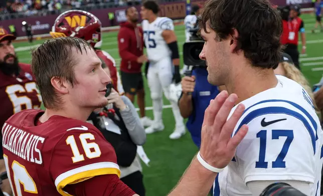 Indianapolis Colts quarterback Daniel Jones (17) greets Washington Commanders quarterback Athan Kaliakmanis (16) after an NFL football game in London, Sunday, Oct. 4, 2026. (AP Photo/Ian Walton)