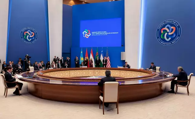 US Secretary of State Marco Rubio, third from right, participates in the C5+1 Ministerial with Uzbekistan's Foreign Minister Bakhtiyor Saidov, Kazakhstan's Foreign Minister Mukhtar Tileuberdi, Tajikistan's Foreign Minister Sirojiddin Muhriddin, Turkmenistan's Foreign Minister Rashid Meredov, and Kyrgyzstan's Foreign Minister Jeenbek Kulubayev at the Congress Center in Samarkand, Uzbekistan, Monday, Oct. 19, 2026. (Kylie Cooper/Pool Photo via AP)
