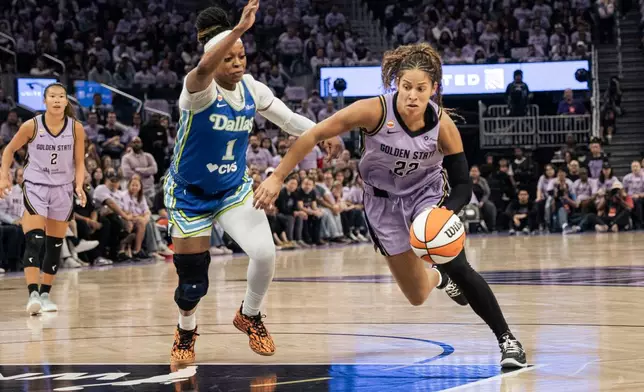 Golden State Valkyries guard Veronica Burton (22) drives the ball against Dallas Wings guard Odyssey Sims (1) during the second quarter of Game 3 of a WNBA basketball first-round playoff series Friday, Oct. 2, 2026, in San Francisco. (Stephen Lam/San Francisco Chronicle via AP)