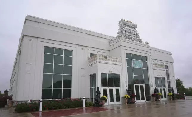 The front of Sri Venkateswara Swami (Balaji) Temple is seen in Aurora, Ill., Thursday, Oct. 15, 2026. (AP Photo/Laura Bargfeld)