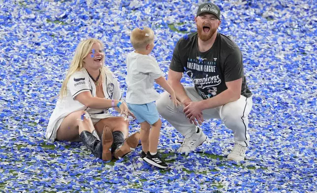 Tampa Bay Rays pitcher Drew Rasmussen celebrates their win against the Cleveland Guardians in Game 6 of an American League Championship Series baseball game in St. Petersburg, Fla. Monday, Oct. 19, 2026. (AP Photo/Chris O'Meara)