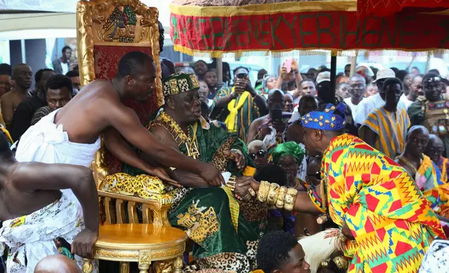 Chiefs attend the Akuapem State's 200th anniversary celebration of the Odwira Festival in Akropong, Ghana, Friday, Sept. 25, 2026. (AP Photo)