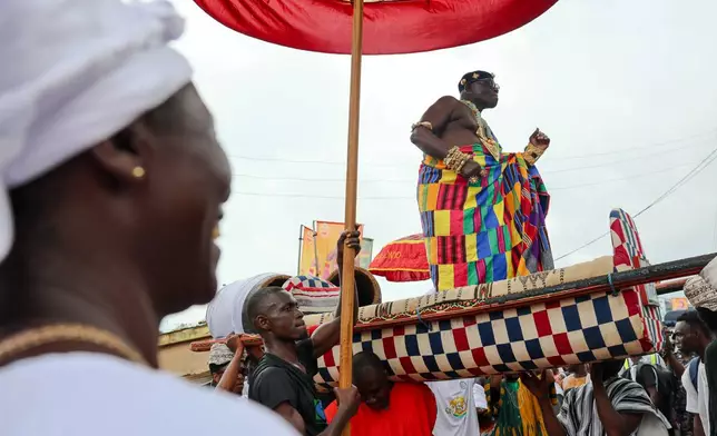 A chief dances at the Akuapem State's 200th anniversary celebration of the Odwira Festival in Akropong, Ghana, Friday, Sept. 25, 2026. (AP Photo)