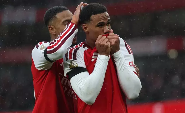 Arsenal's Gabriel celebrates after scoring second goal during the English Premier League soccer match between Arsenal and Everton in London, Saturday, Oct. 24, 2026. (AP Photo/Ian Walton)