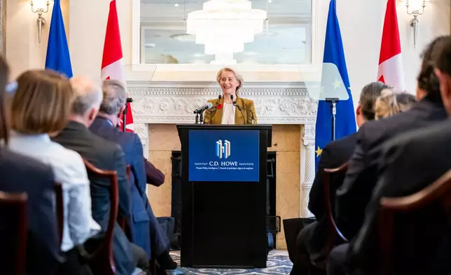 President of the European Commission, Ursula von der Leyen, gives remarks ahead of the EU-Canada summit, in Montreal, on Thursday, Oct. 29, 2026. (Christopher Katsarov/The Canadian Press via AP)