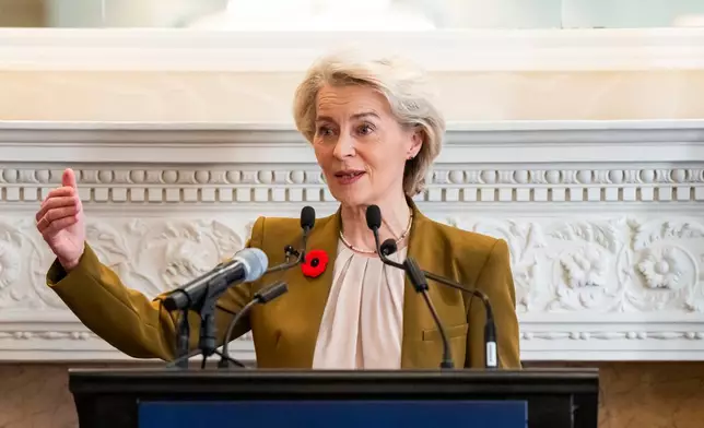 President of the European Commission, Ursula von der Leyen, gives remarks ahead of the EU-Canada summit, in Montreal, on Thursday, Oct. 29, 2026. (Christopher Katsarov/The Canadian Press via AP)