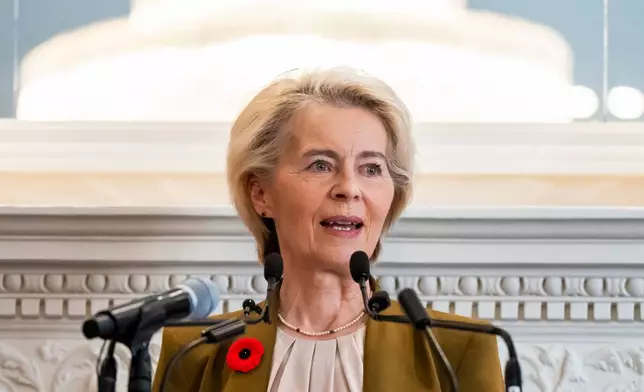 President of the European Commission, Ursula von der Leyen, gives remarks ahead of the EU-Canada summit, in Montreal, on Thursday, Oct. 29, 2026. (Christopher Katsarov/The Canadian Press via AP)