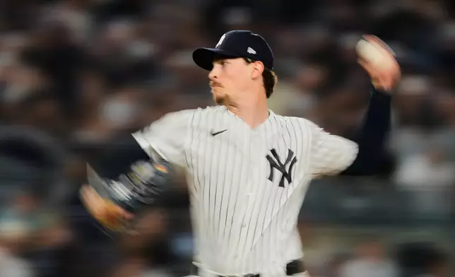 New York Yankees pitcher Max Fried throws to the Tampa Bay Rays during the second inning in Game 3 of baseball's American League Division Series, Wednesday, Oct. 7, 2026, in New York. (AP Photo/Yuki Iwamura)