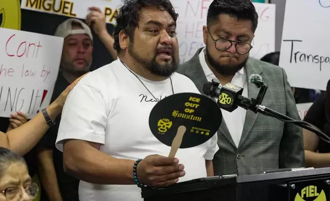 Roberto Parra, brother of Miguel Parra, speaks during a news conference at FIEL headquarters in Houston on Friday, Oct. 16, 2026, as FIEL members, relatives and witnesses dispute Immigration and Customs Enforcement's account of the Oct. 10 enforcement action. (Raquel Natalicchio /Houston Chronicle via AP)