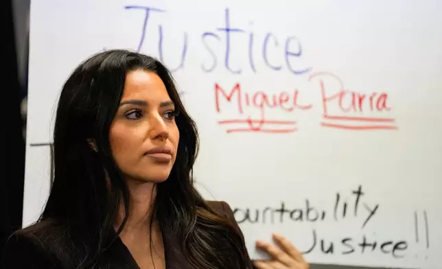 Attorney Kim Bruno is photographed during a news conference at FIEL headquarters in Houston on Friday, Oct. 16, 2026, as FIEL members, relatives of Miguel Parra and witnesses dispute Immigration and Customs Enforcement's account of the Oct. 10 enforcement action. (Raquel Natalicchio /Houston Chronicle via AP)