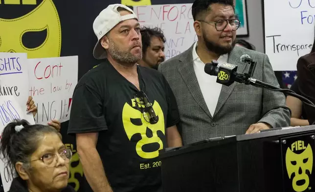 Omar, who says he was riding in the truck with Miguel Parra-Hernandez during an Oct. 10 Immigration and Customs Enforcement action, attends a news conference at FIEL headquarters in Houston on Friday, Oct. 16, 2026. (Raquel Natalicchio /Houston Chronicle via AP)