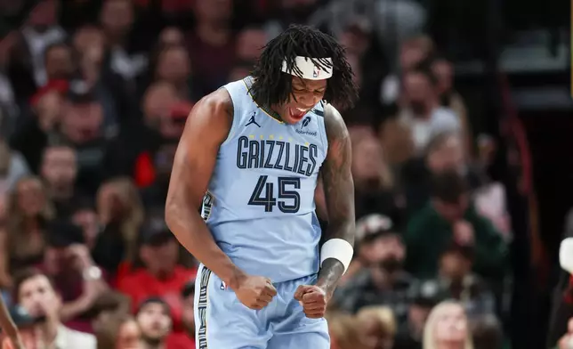 Memphis Grizzlies forward GG Jackson reacts during the second half of an NBA basketball game against the Portland Trail Blazers Thursday, Oct. 29, 2026, in Portland, Ore. (AP Photo/Amanda Loman)