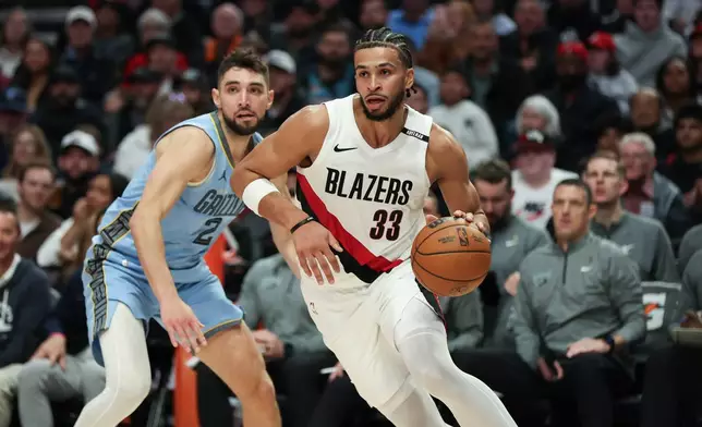 Portland Trail Blazers forward Toumani Camara (33) drives to the basket as Memphis Grizzlies guard Ty Jerome (2) defends during the second half of an NBA basketball game Thursday, Oct. 29, 2026, in Portland, Ore. (AP Photo/Amanda Loman)