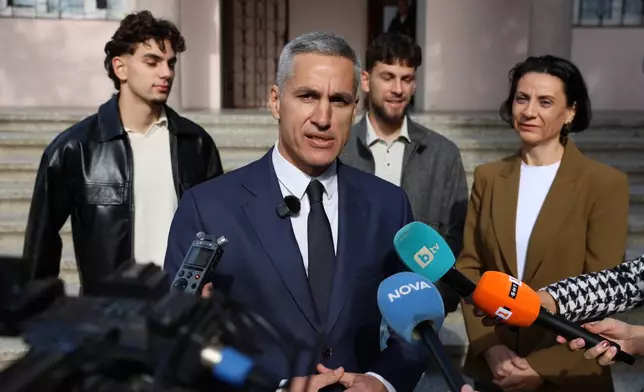 Independent presidential candidate Andrey Gyurov who is backed by the pro-Western reformist opposition speak to journalists after casting his vote in Blagoevgrad, Bulgaria, Sunday, Oct. 25, 2026, during the Presidential Election. (Bulgarian News Agency via AP)