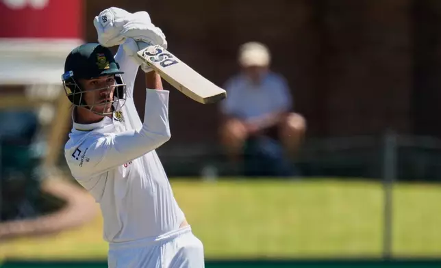 South Africa's Marco Jansen plays a shot on day three of the second cricket test match between South Africa and Australia, in Gqeberha, South Africa, Tuesday, Oct. 20, 2026. (AP Photo/Themba Hadebe)