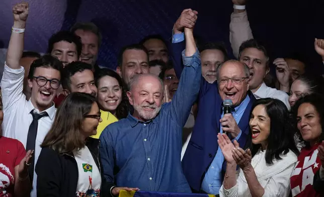 FILE - President Luiz Inacio Lula da Silva celebrates with his running mate Geraldo Alckmin after winning a fourth term in the presidential election runoff in Sao Paulo, Brazil, Sunday, Oct. 25, 2026.(AP Photo/Andre Penner)