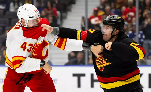 Vancouver Canucks' Luke Schenn, right, and Calgary Flames' Adam Klapka (43) fight during the first period of an NHL hockey game in Vancouver, British Columbia, Saturday, Oct. 3, 2026. (Jacob Mallari/The Canadian Press via AP)