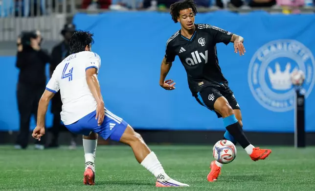 Charlotte FC forward Idan Toklomati, right, moves the ball against CF Montreal defender Brayan Vera during the first half of an MLS soccer match in Charlotte, N.C., Wednesday, Oct. 28, 2026. (AP Photo/Nell Redmond)