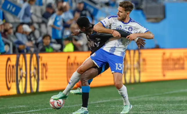 CF Montreal defender Luca Petrasso (13) battles Charlotte FC forward Rodolfo Aloko for the ball during the first half of an MLS soccer match in Charlotte, N.C., Wednesday, Oct. 28, 2026. (AP Photo/Nell Redmond)