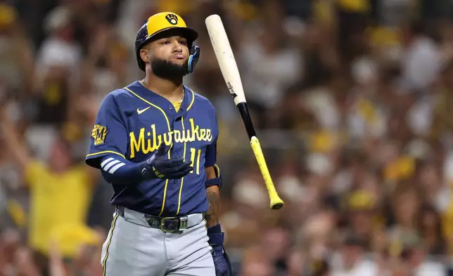 Milwaukee Brewers' Jackson Chourio reacts after striking out during the seventh inning in Game 3 of baseball's National League Division Series against the San Diego Padres Tuesday, Oct. 6, 2026, in San Diego. (AP Photo/Derrick Tuskan)