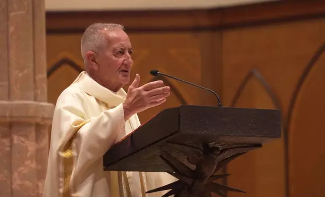 In this screengrab madefrom video, Rev. Louis Cameli speaks at a votive mass for Pope Leo XIV in light of his lung cancer diagnosis at Holy Name Cathedral in Chicago, Wednesday, Oct. 14, 2026. (AP Photo/Laura Bargfeld)