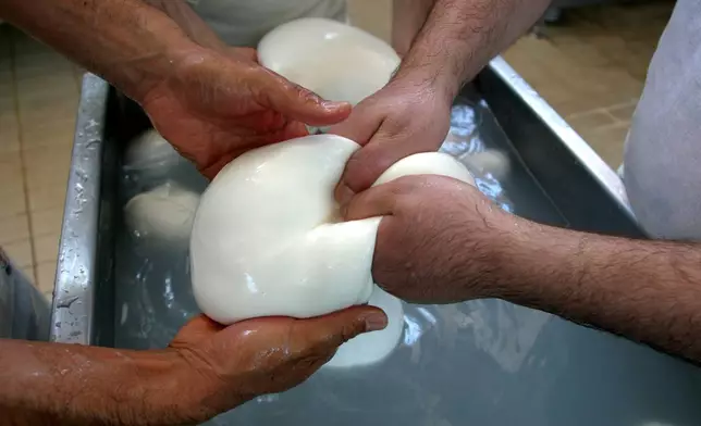 FILE - Buffalo mozzarella cheese is prepared at a dairy in Caserta, near Naples, southern Italy, 2006. (AP Photo/Franco Castano', File)