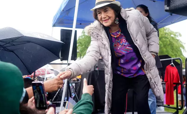 FILE - Labor activist Dolores Huerta shakes hands with people after addressing a rally held by teachers, parents, students and supporters of a strike against the Sacramento Unified School District at Rosemont High School in Sacramento, Calif., March 28, 2022. (AP Photo/Rich Pedroncelli, File)