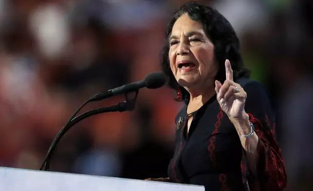 FILE - Civil rights leader Dolores Huerta speaks during the final day of the Democratic National Convention in Philadelphia, July 28, 2016. (AP Photo/Paul Sancya, File)