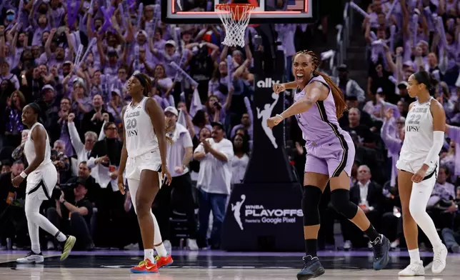 Golden State Valkyries forward Kayla Thornton (5) reacts as the Valkyries recover the Las Vegas Aces' free throw to seal the victory in the fourth quarte during Game 2 of the WNBA Semifinals in San Francisco, Wednesday, Oct. 7, 2026. (Santiago Mejia/San Francisco Chronicle via AP)