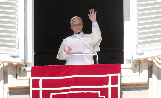 Pope Leo XIV delivers the Angelus prayer in St. Peter's Square at the Vatican, Sunday, Oct. 11, 2026. (AP Photo/Gregorio Borgia)