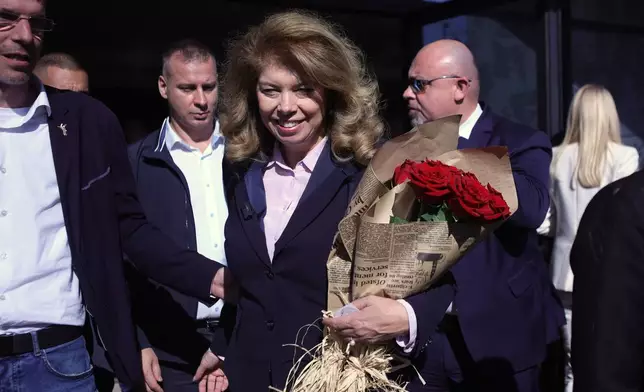 Incumbent President and presidential candidate Iliana Yotova attends pre-election campaign event in Sofia, Bulgaria, on Oct. 20, 2026. (AP Photo/Valentina Petrova)