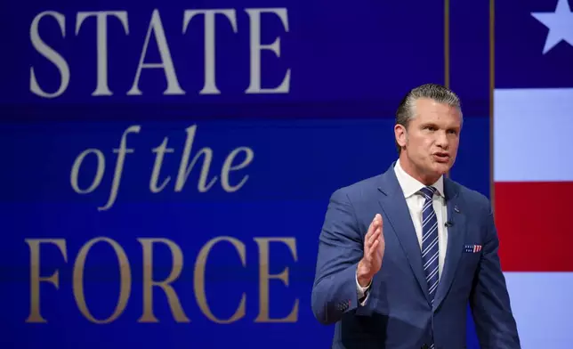 Secretary of Defense Pete Hegseth gives a State of the Force address at Marine Corps Base Quantico, Wednesday, Sept. 30, 2026 in Quantico, Va. (Alex Wong/Pool Photo via AP)