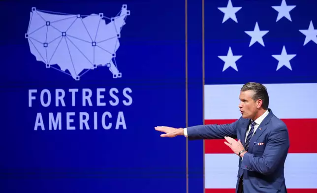 Secretary of Defense Pete Hegseth gives a State of the Force address at Marine Corps Base Quantico, Wednesday, Sept. 30, 2026 in Quantico, Va. (Alex Wong/Pool Photo via AP)