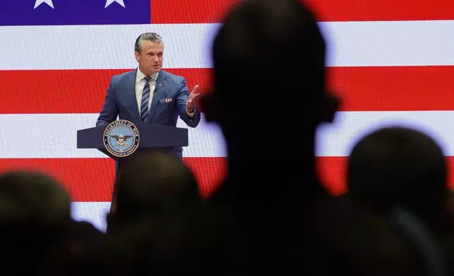 Secretary of Defense Pete Hegseth gives a State of the Force address at Marine Corps Base Quantico, Wednesday, Sept. 30, 2026 in Quantico, Va. (Alex Wong/Pool Photo via AP)