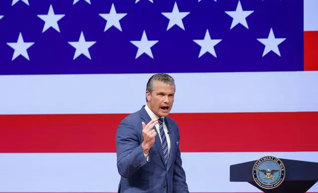 Secretary of Defense Pete Hegseth gives a State of the Force address at Marine Corps Base Quantico, Wednesday, Sept. 30, 2026 in Quantico, Va. (Alex Wong/Pool Photo via AP)