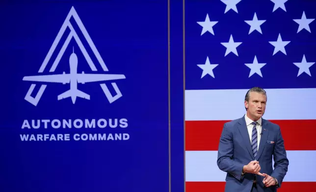 Secretary of Defense Pete Hegseth gives a State of the Force address at Marine Corps Base Quantico, Wednesday, Sept. 30, 2026 in Quantico, Va. (Alex Wong/Pool Photo via AP)