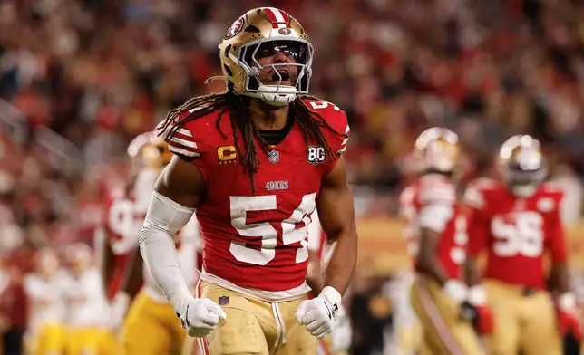 San Francisco 49ers linebacker Fred Warner (54) reacts during the second half of an NFL football game against the Washington Commanders in Santa Clara, Calif., Monday, Oct. 19, 2026. (AP Photo/Kelley L. Cox)