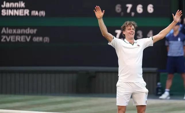 FILE - Jannik Sinner of Italy reacts to winning against Alexander Zverev of Germany in the men's singles final at Wimbledon Tennis Championships in London, Sunday, July 12, 2026. (AP Photo/Kirsty Wigglesworth, File)