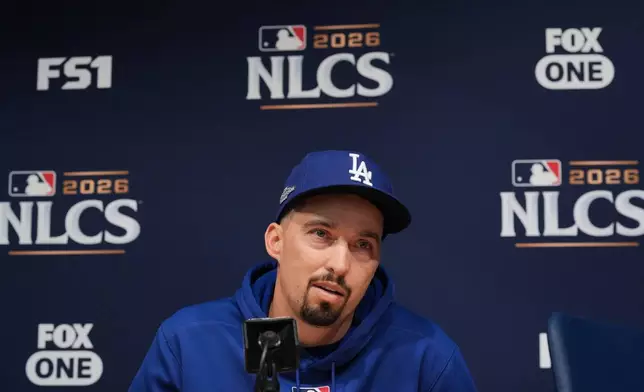 Los Angeles Dodgers pitcher Blake Snell speaks during a news conference ahead of Game 3 of baseball's National League Championship Series against the Milwaukee Brewers, Tuesday, Oct. 13, 2026, in Los Angeles. (AP Photo/Jae C. Hong)
