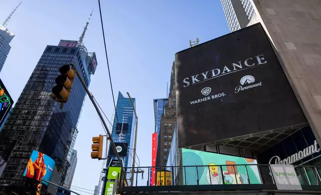 A Skydance billboard is displayed outside Paramount Global office in Times Square, Tuesday, Oct. 6, 2026, in New York. (AP Photo/Yuki Iwamura)