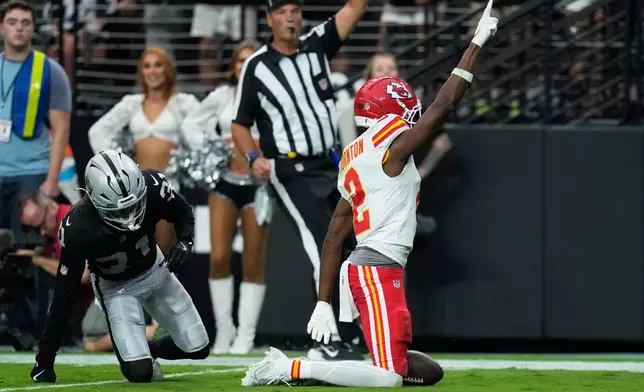Kansas City Chiefs wide receiver Tyquan Thornton (2) gestures after a first down during the second half of an NFL football game against the Las Vegas Raiders in Las Vegas, Sunday, Oct. 4, 2026. (AP Photo/John Locher)