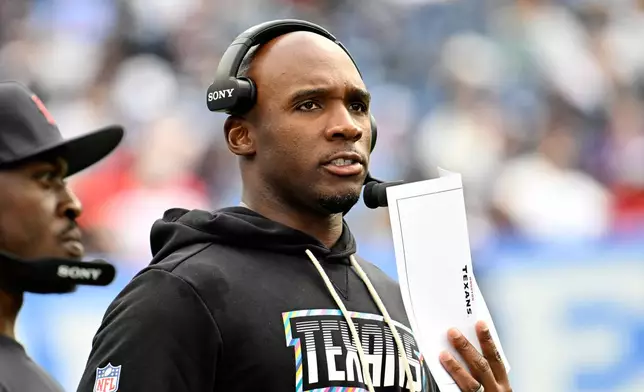 Houston Texans head coach DeMeco Ryans watches play against the Tennessee Titans during the second half of an NFL football game in Nashville, Tenn., Sunday, Oct. 11, 2026. (AP Photo/John Amis)