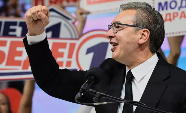 Serbia's populist leader Aleksandar Vucic gestures during a pre-election rally of his ruling Serbian Progressive Party ahead of the early parliamentary election scheduled for Oct. 25, in Belgrade, Serbia, Thursday, Oct. 22, 2026. (AP Photo)